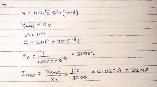 A handwritten solution finding current from capacitive reactance