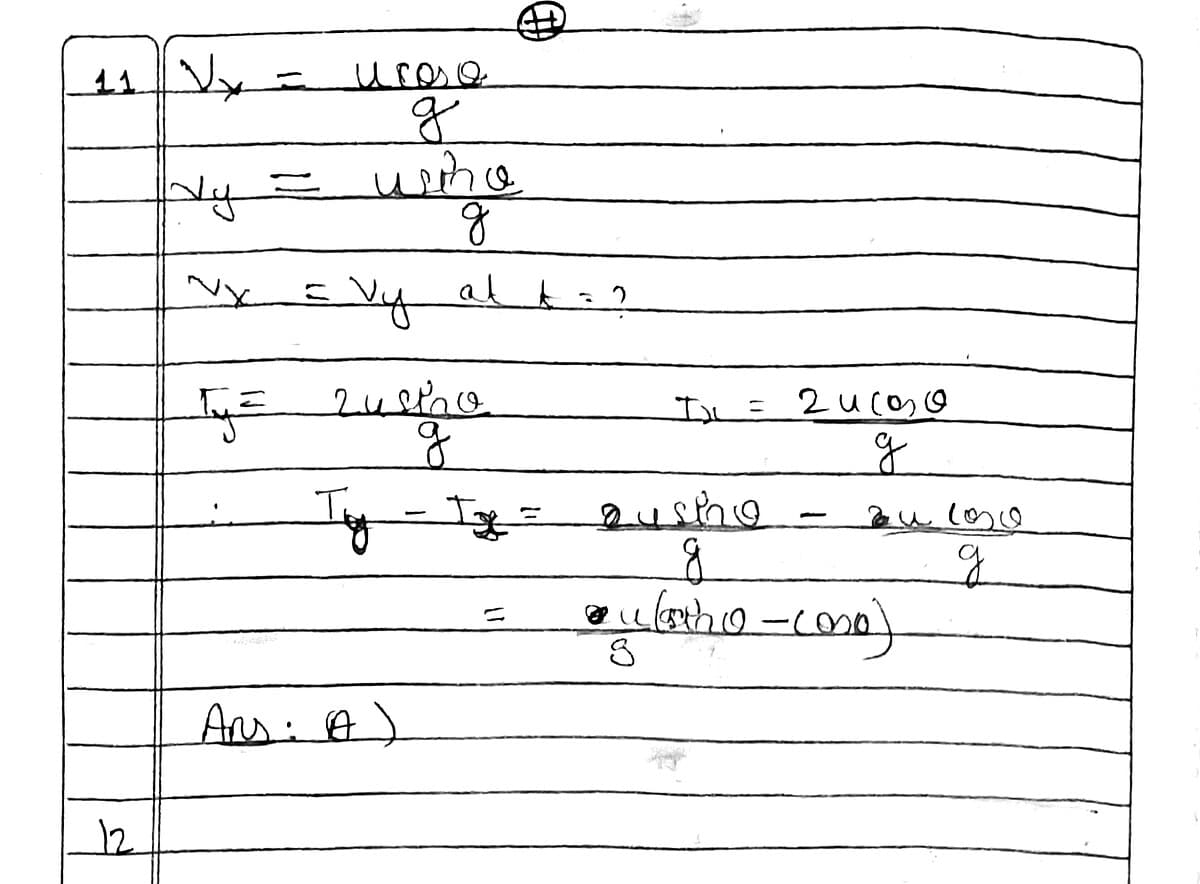 A student's handwritten physics working on projectile motion